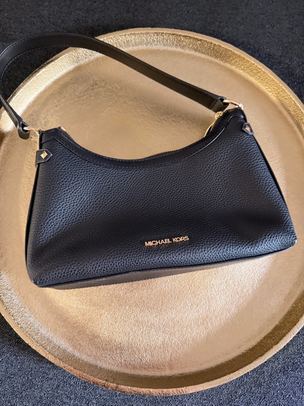 Michael Kors Black Pebbled Leather Shoulder Bag with Gold Hardware